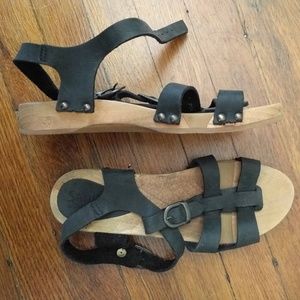 Wooden Sandals with Black Leather Straps